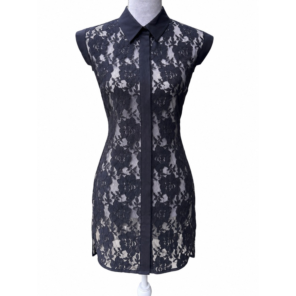 AllSaints Lace Long Sleeveless Shirt Black 0 Silk Trim Floral Sheer Goth Edgy